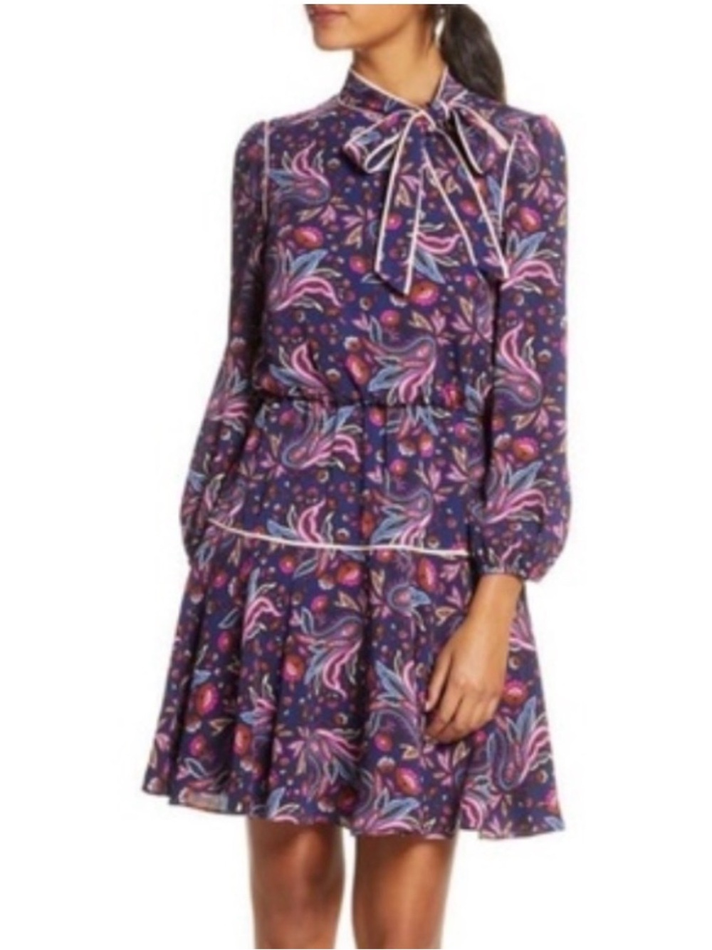 Eliza J Navy and Pink Paisley Tie-Front Dress